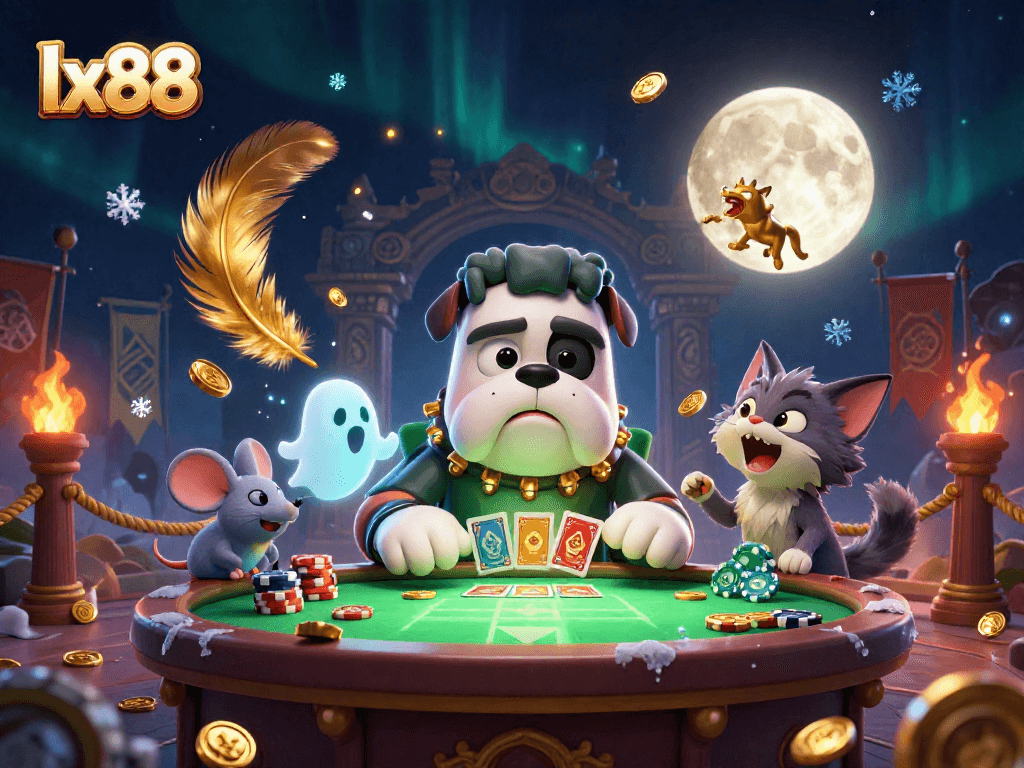 Experience thrilling gambling with lx88 in this vibrant casino scene featuring unique characters and lush, interactive elements.