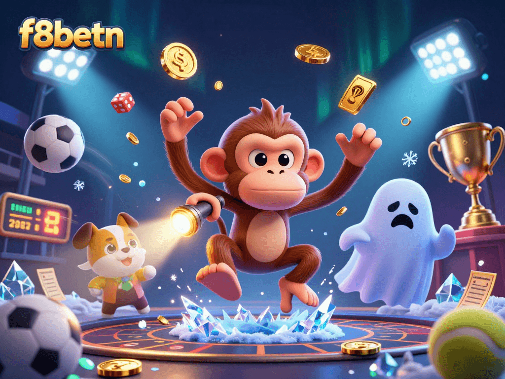 Experience the excitement of f8betn with a playful monkey and a ghost-hunter puppy in a vibrant casino.