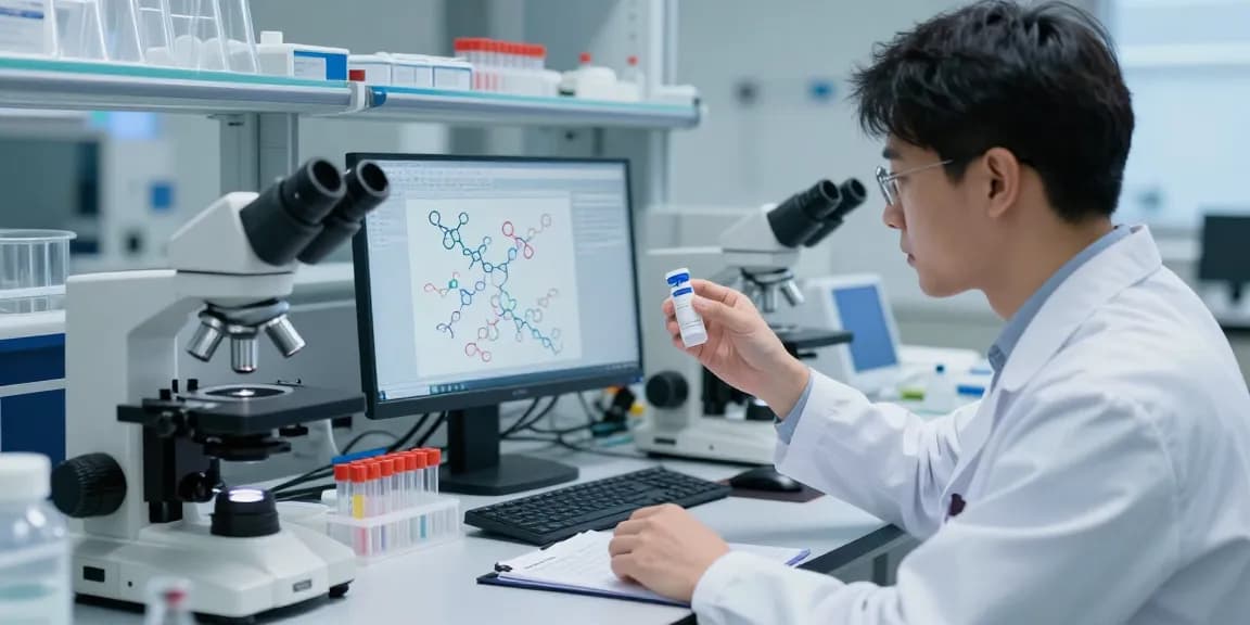 Scientist examining a lyophilized peptide blend in a laboratory for precise research validation.