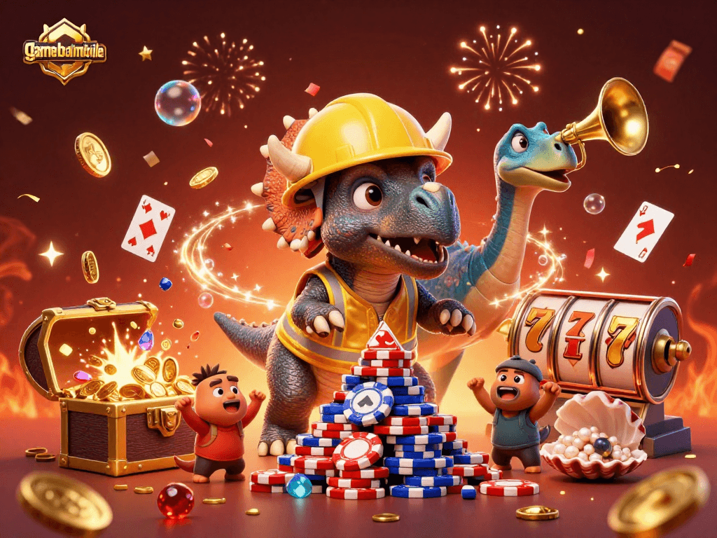 Experience thrilling gameplay with gamebaimobile as triceratops builds poker chip pyramid amid casino magic.
