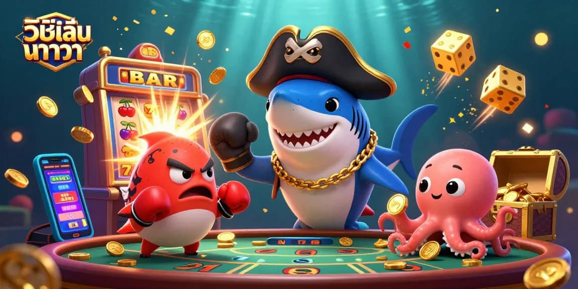 Experience วิธีเล่นบาคาร่า with fun characters in a vibrant casino scene featuring a shark, pufferfish, and octopus.