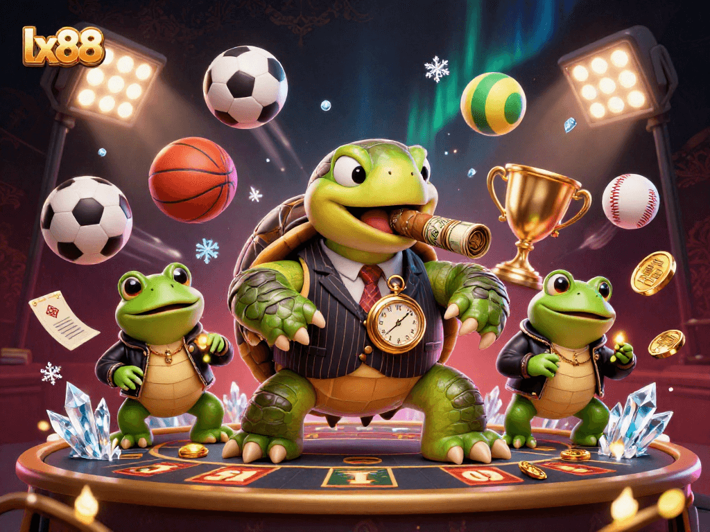 Engage with lx88's vibrant casino scene featuring a mobster turtle, enforcers, and dynamic sports elements.
