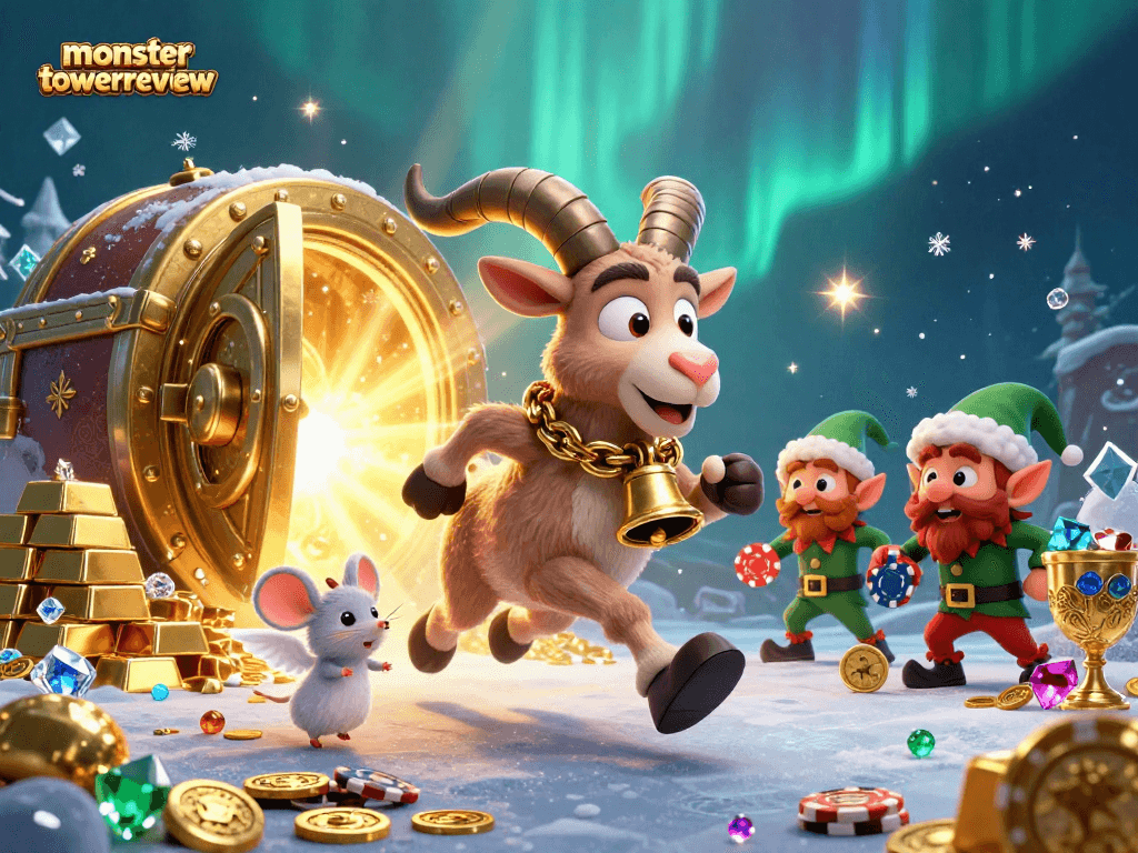 Exciting gameplay at monstertowerreview with Krampus, angel mouse, and elf gremlins in a vibrant casino scene.