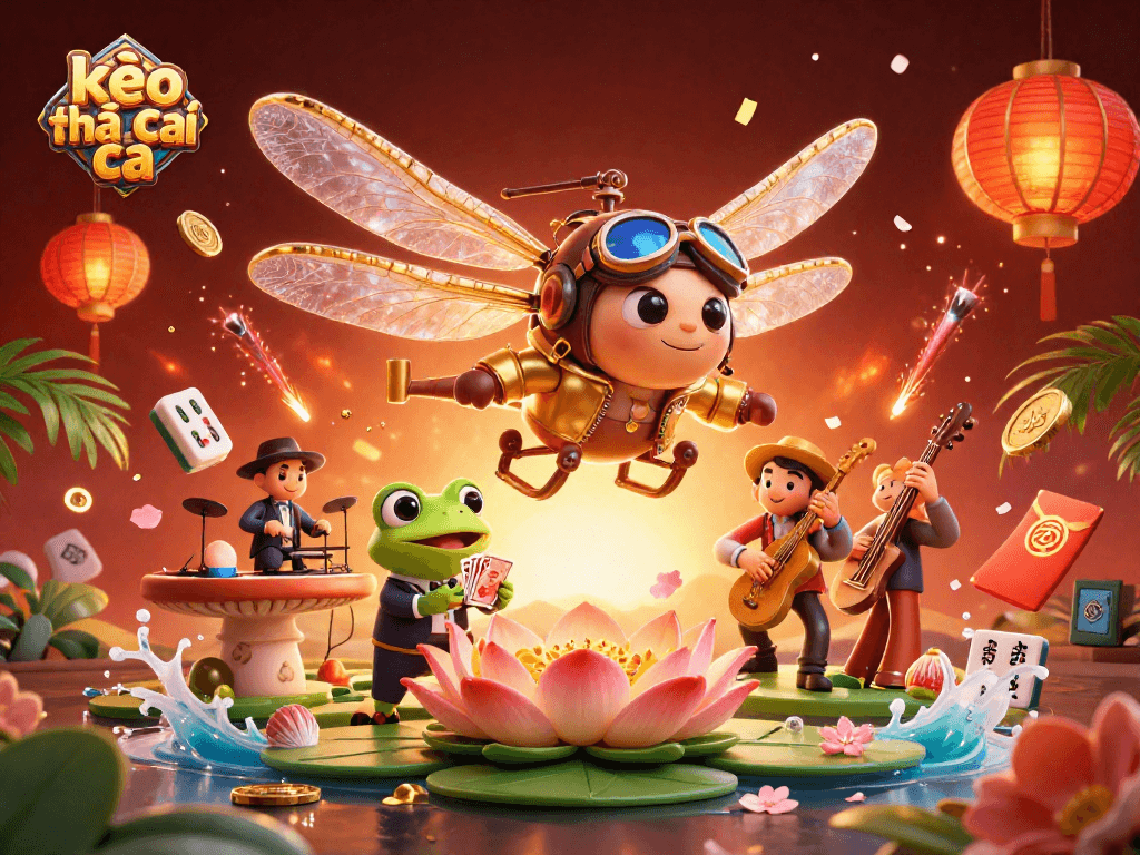 Engaging kèo nhà cái scene with a dragonfly pilot, frog croupier, and jazz-playing crickets.
