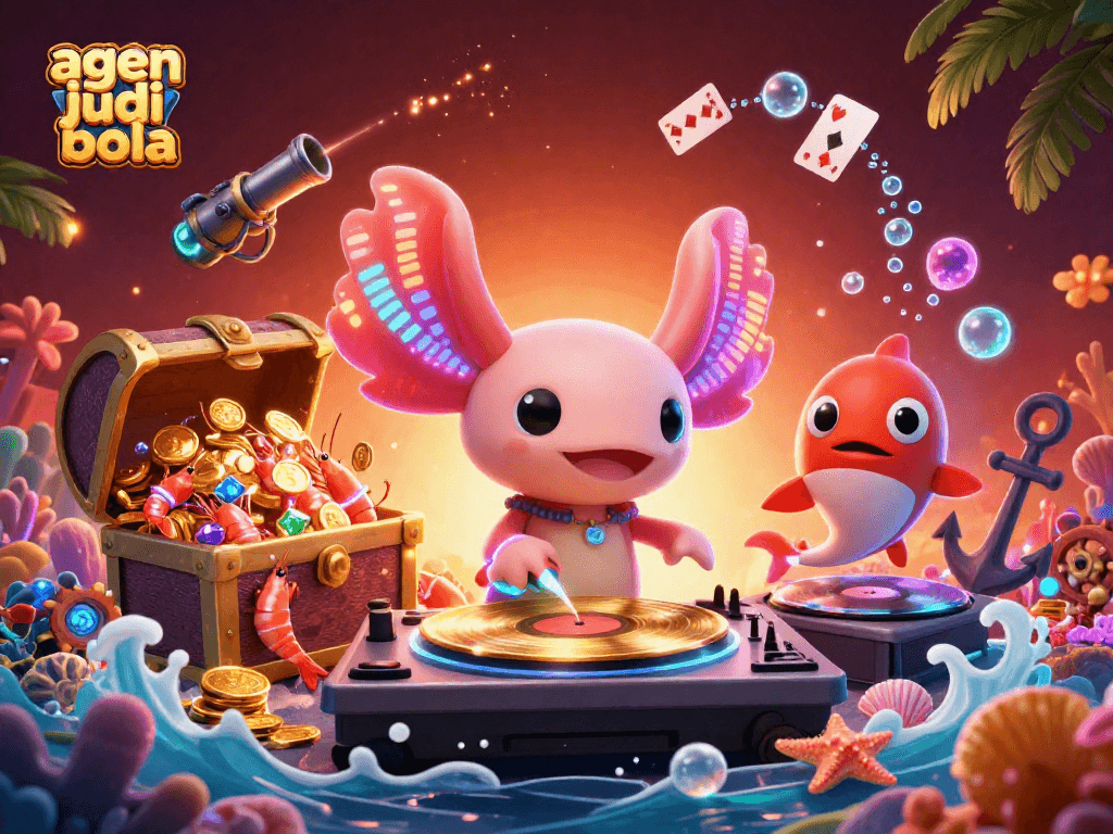 Engage in betting excitement with agen judi bola, featuring a neon axolotl DJ and vibrant underwater elements.