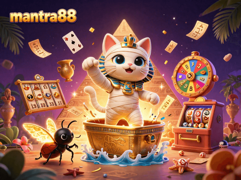Experience the excitement of mantra88 with an Egyptian mummy cat and a scarab beetle in a vibrant casino scene.