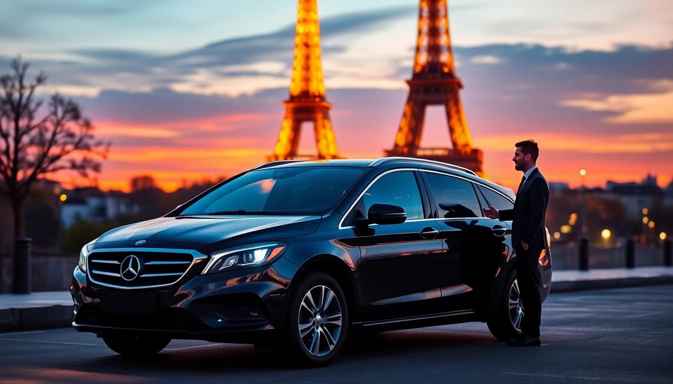 Experience a seamless Orly Airport to Paris Transfer, featuring a modern vehicle by the Eiffel Tower.