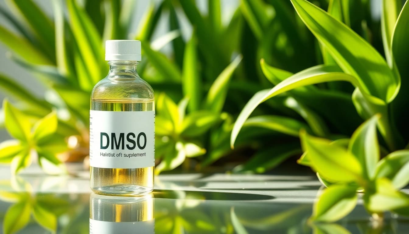 Promote dmso supplement with a visually appealing image of its clear liquid in a bottle, surrounded by greenery.