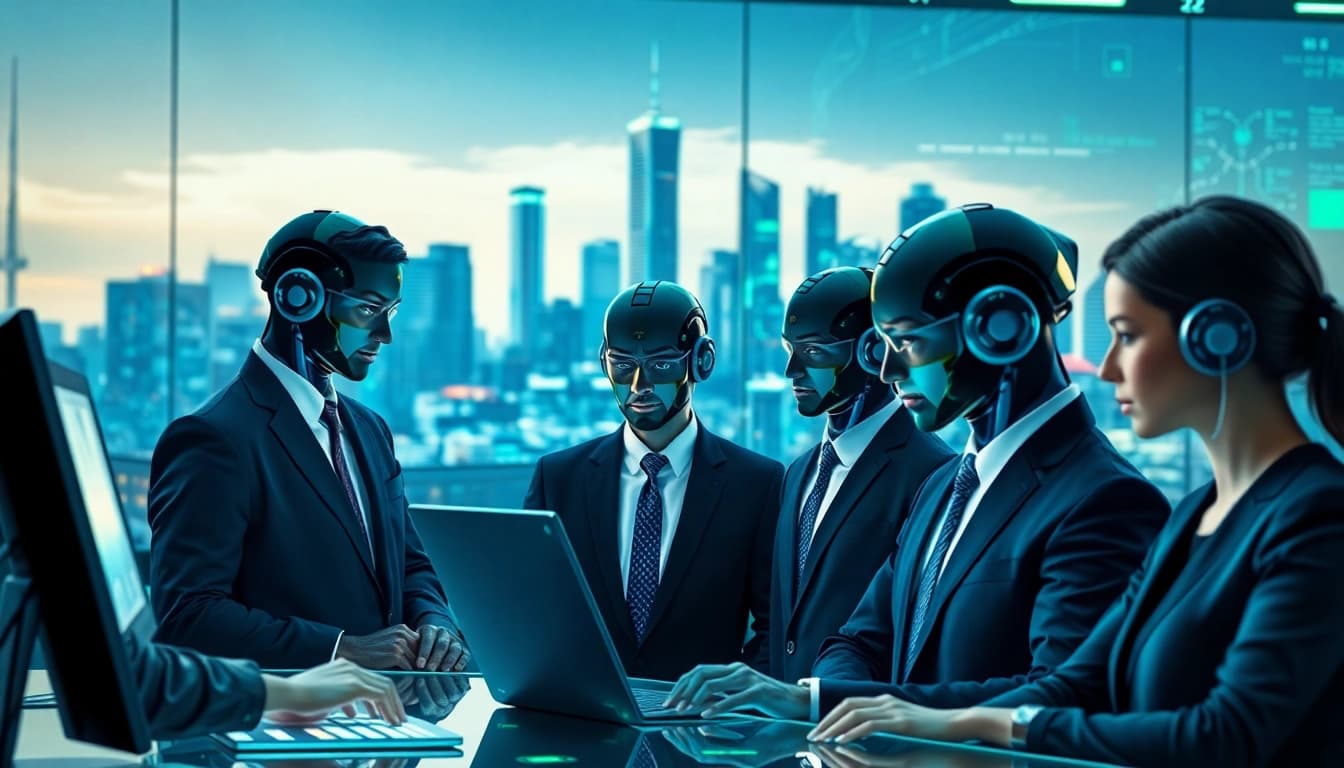 AI agents collaborating in a futuristic workspace, illustrating advanced technology and workflows.