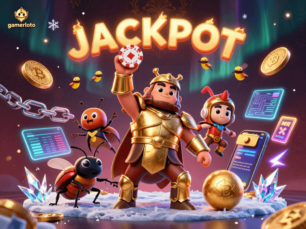Experience gamerloto with a victorious beetle lifting a poker chip, illuminated by crypto elements.
