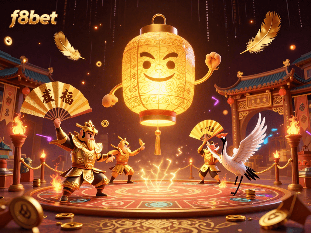 Experience the thrill of f8bet with a vibrant night market casino scene featuring dynamic characters and symbolic elements.