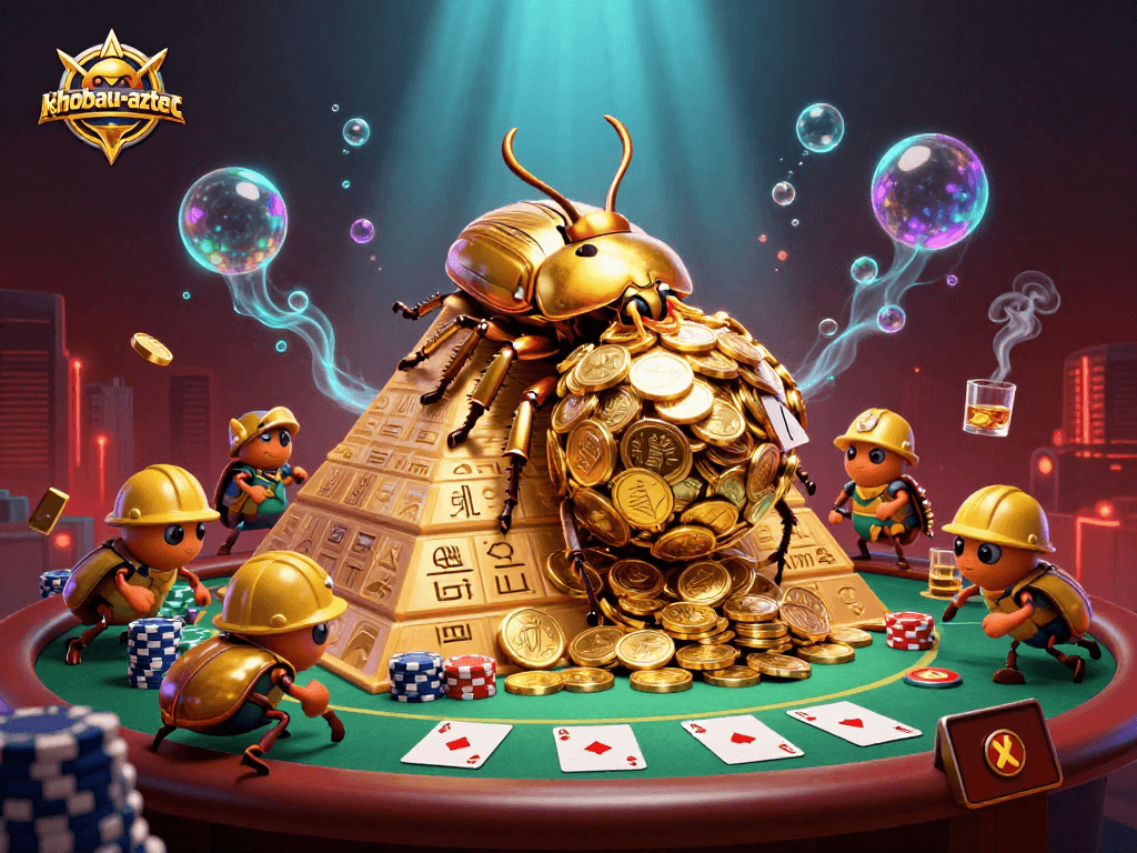 Experience the excitement of khobau-aztec with golden treasures and casino elements in an engaging scene.