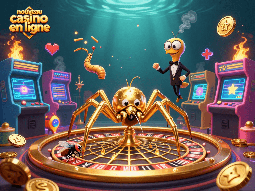 Jouez au nouveau casino en ligne avec une araignée dorée et des éléments de jeux colorés.