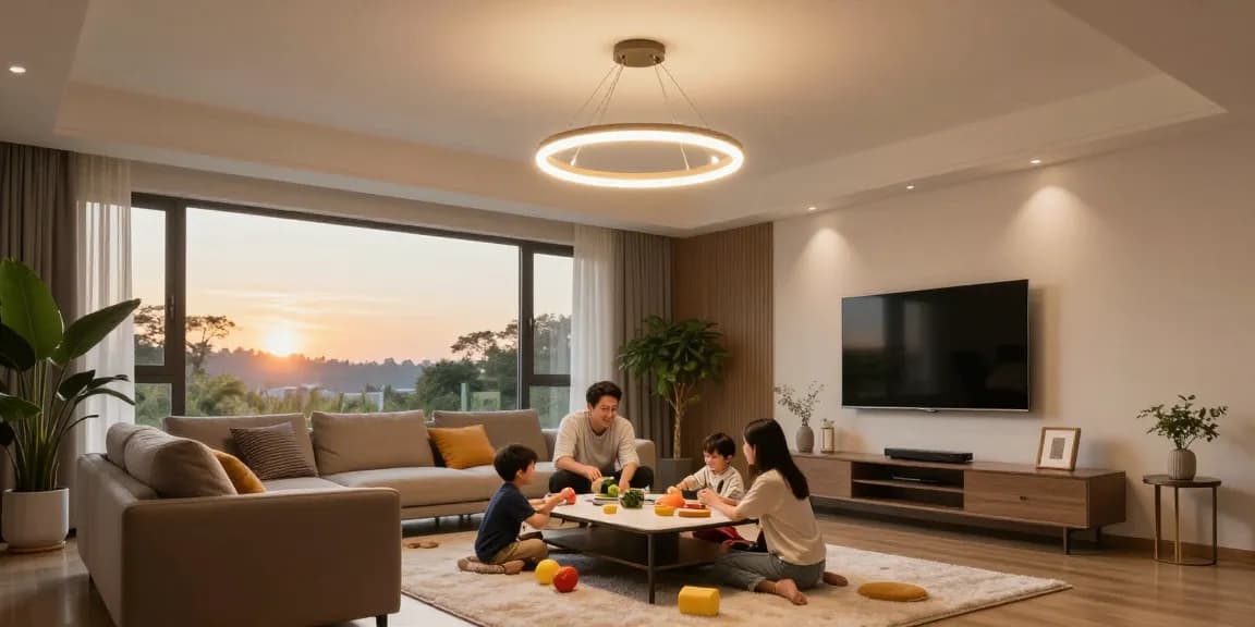 Lustre led moderne în living room, cu familie și atmosferă caldă