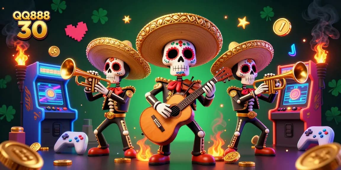 Join the festive QQ888 30 mariachi band with vibrant game elements in this energetic 3D casino illustration.