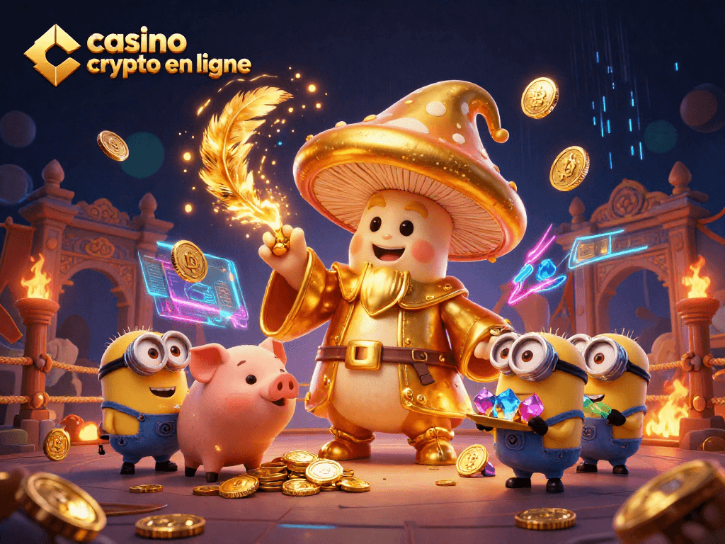 Illustration dynamique de casino crypto en ligne représentant des jeux de magie et des trésors, idéale pour les joueurs.