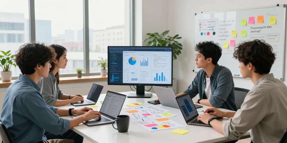 Collaborative workspace where a team builds internal tools with AI, showcasing technology and teamwork.