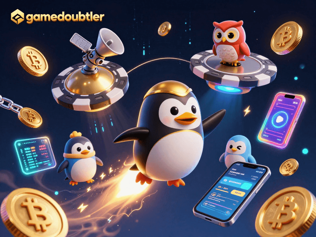 Play gamedoubler with a thrilling space-themed illustration featuring a golden penguin and crypto elements.