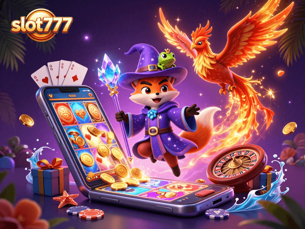 Experience thrilling gameplay at slot777 with a mystical wizard and phoenix in a vibrant casino scene.