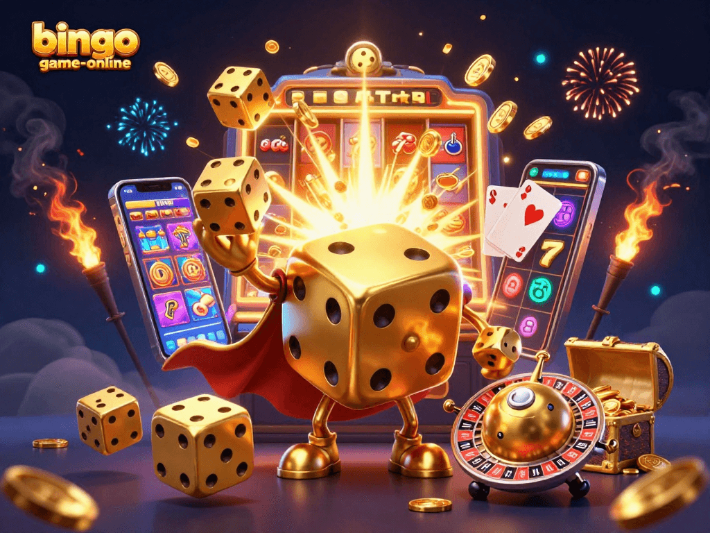 Experience jackpot thrills with bingo-game-online's vibrant 3D casino illustration featuring a dynamic golden dice and slot machine.