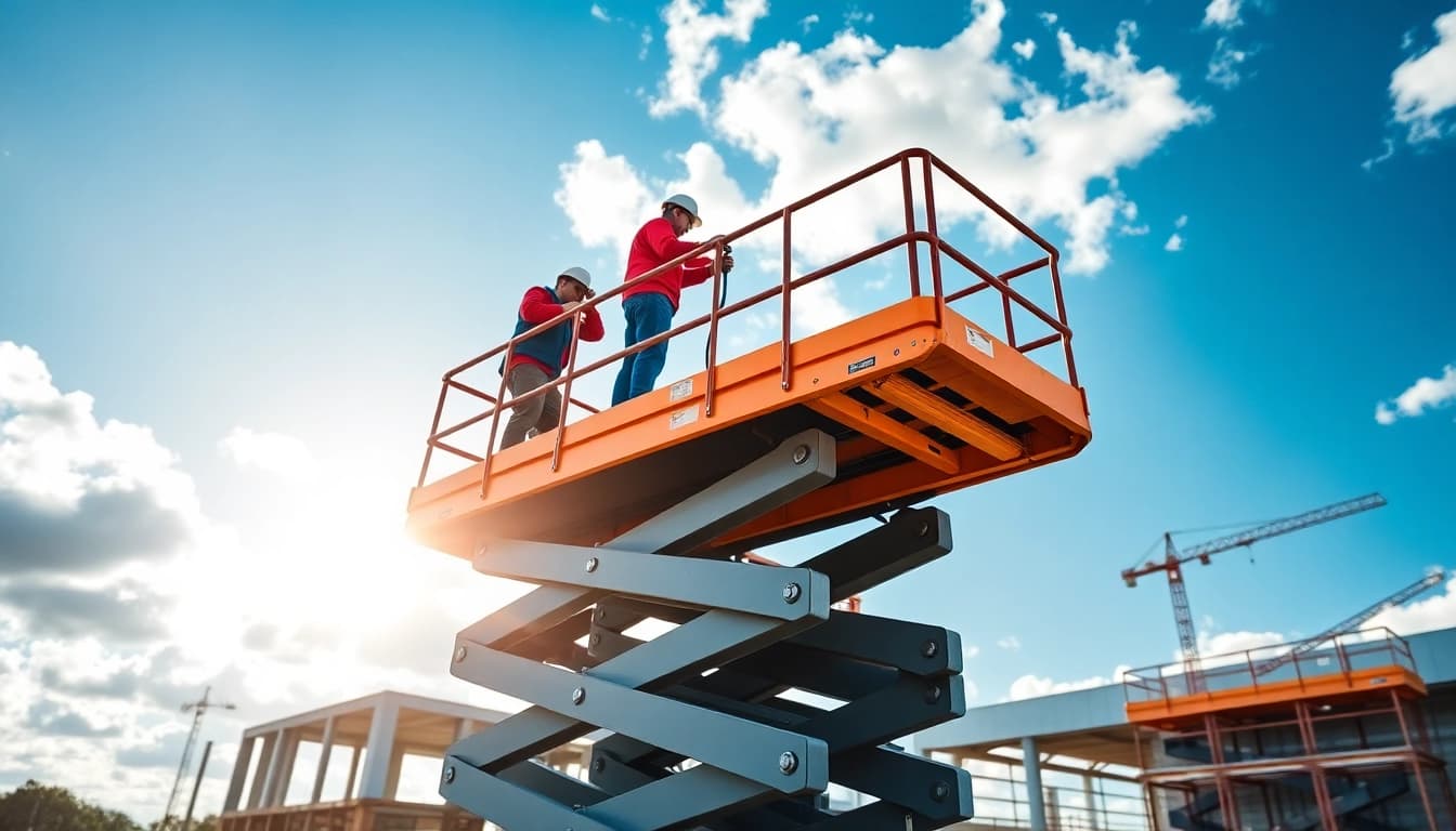 Workers operating a scissor lift in a bright outdoor construction environment.