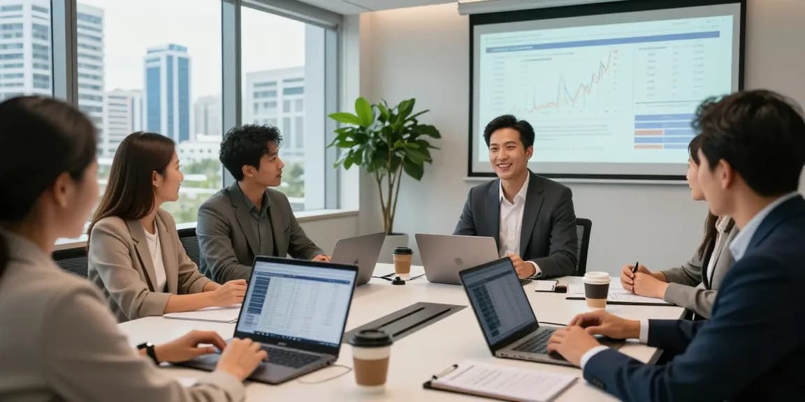 Wealth management consultation in a modern office overlooking the Gold Coast Queensland Australia, with clients and advisors discussing financial strategies.