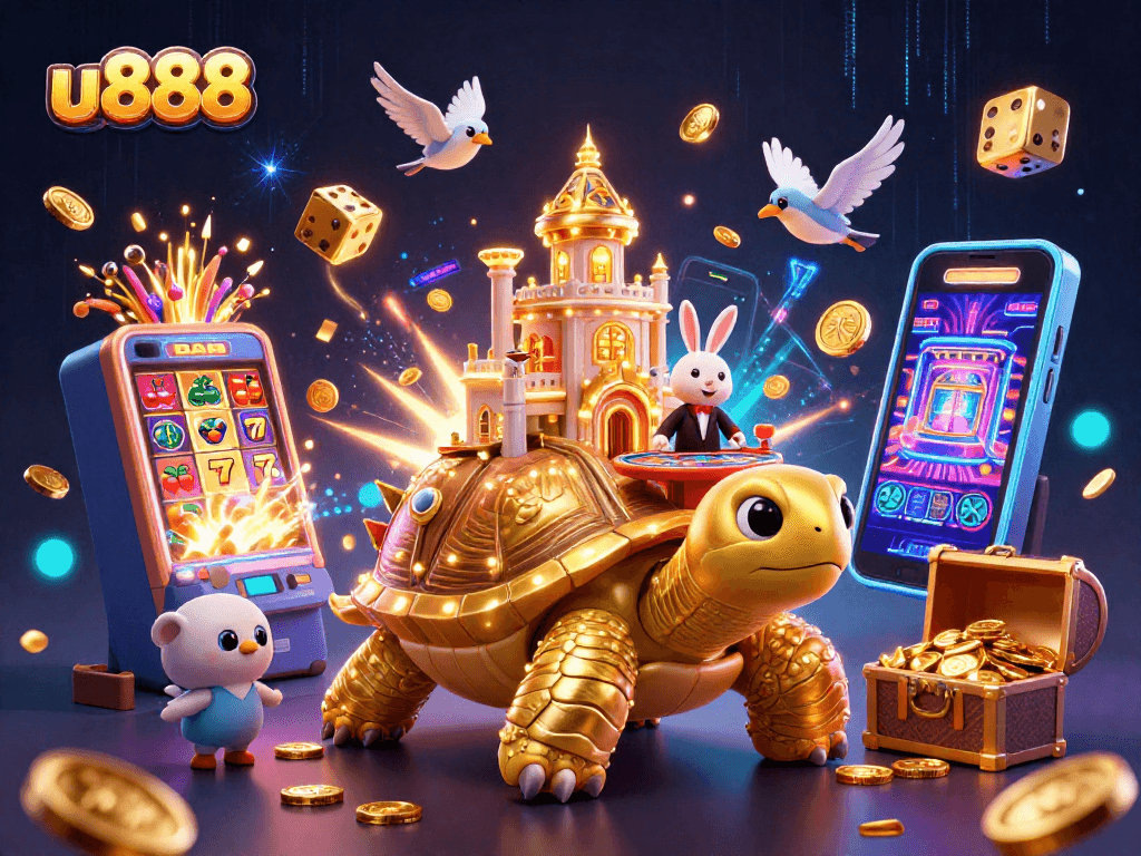 Explore the vibrant gaming world of u888 with a golden tortoise and thrilling casino elements.