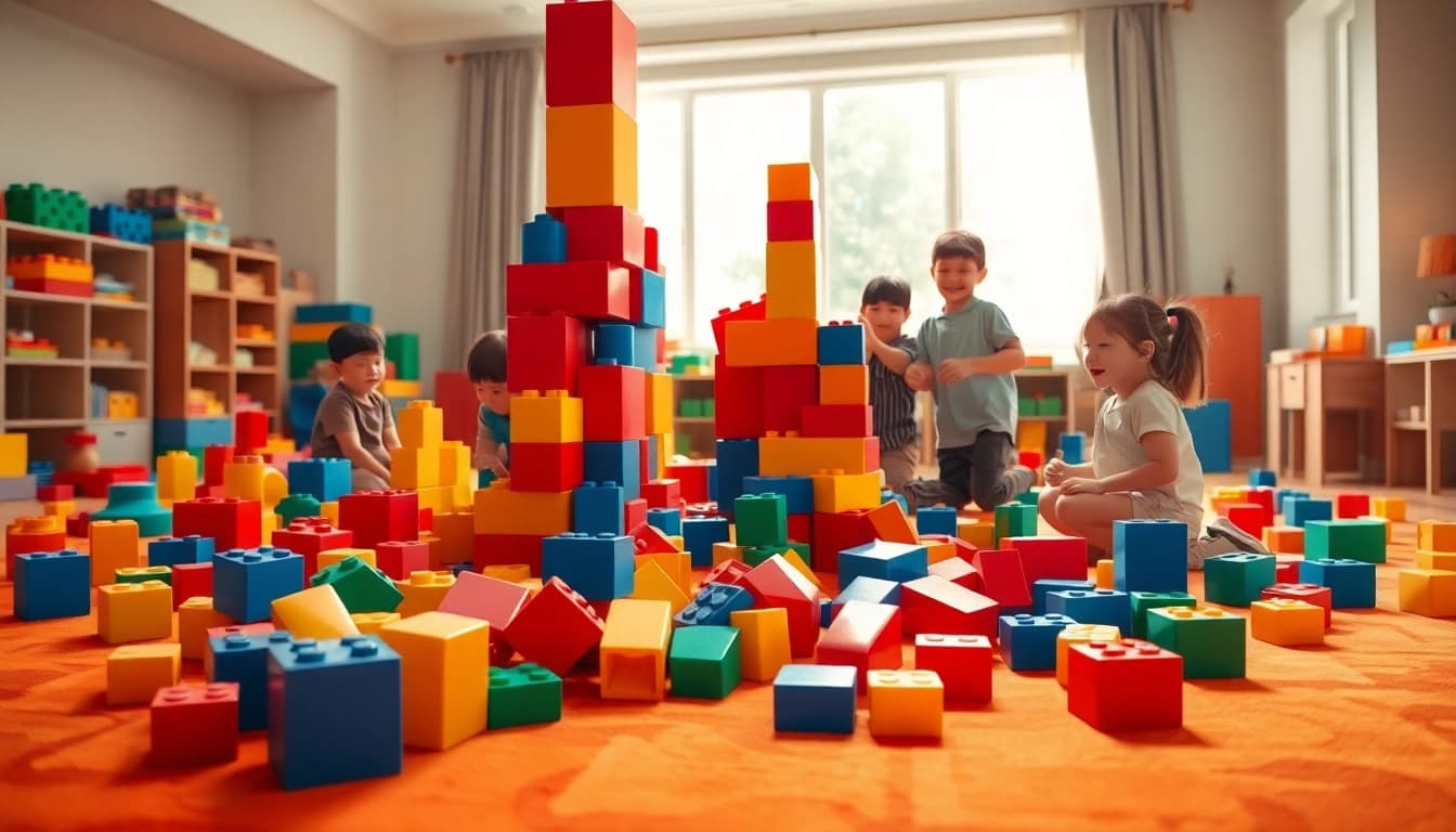 Watch children joyfully stack giant building blocks in a vibrant playroom to discover more about fun indoor adventures.