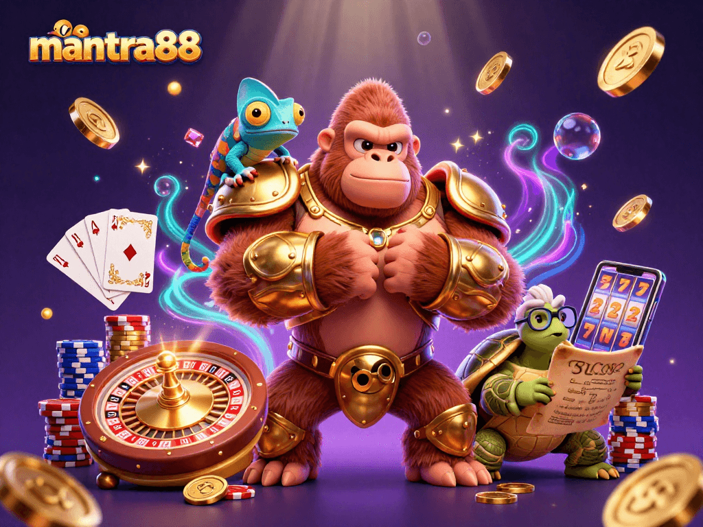 In an exhilarating scene, mantra88 showcases a powerful gorilla king and his companions celebrating wins amidst casino glamour.