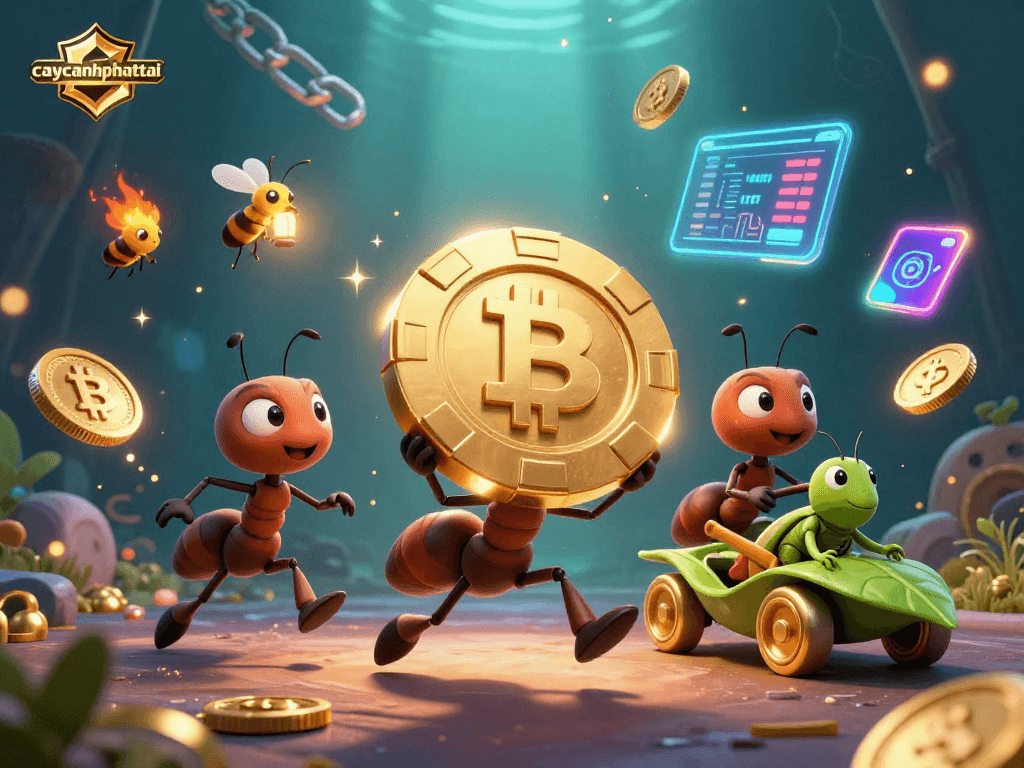 Caycanhphattai: ants executing a thrilling heist with golden poker chips amidst vibrant digital crypto graphics