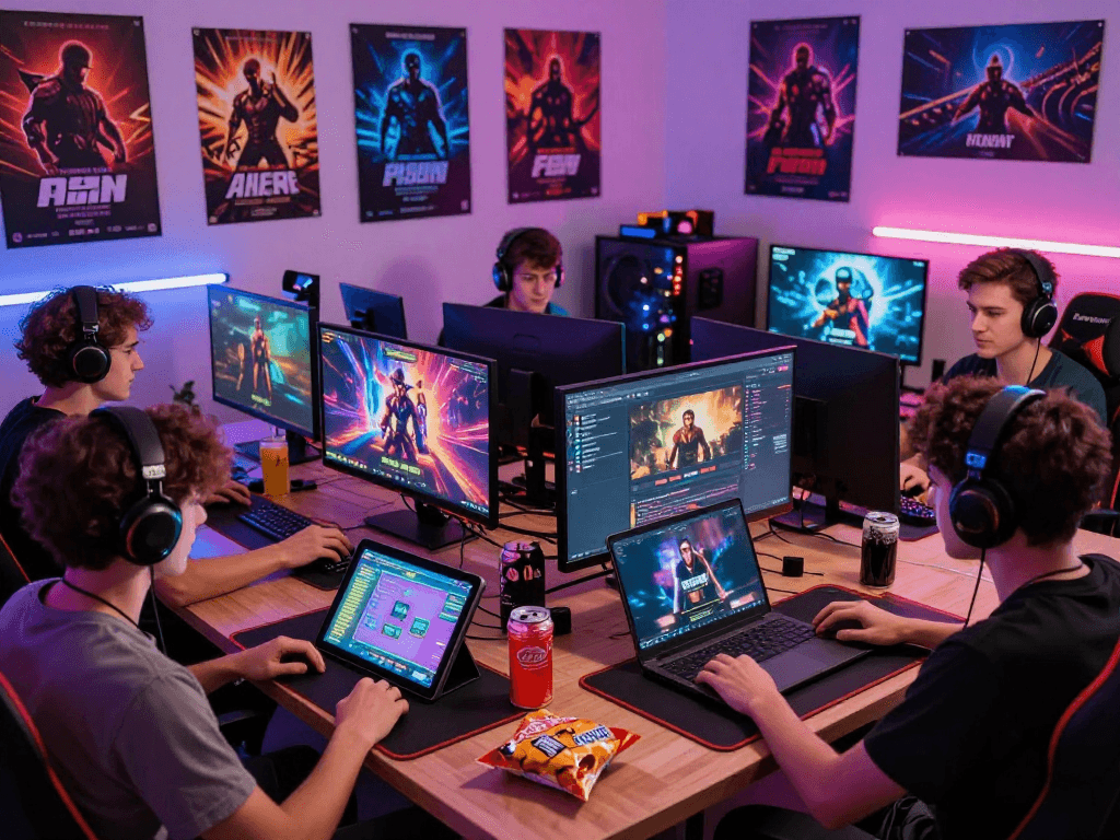 Engaged gamers playing various porn games on devices in a vibrant room.