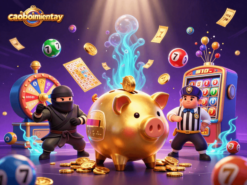 Engage with caoboimientay's exciting casino scene featuring a golden piggy bank sumo wrestler amidst dynamic gaming elements.