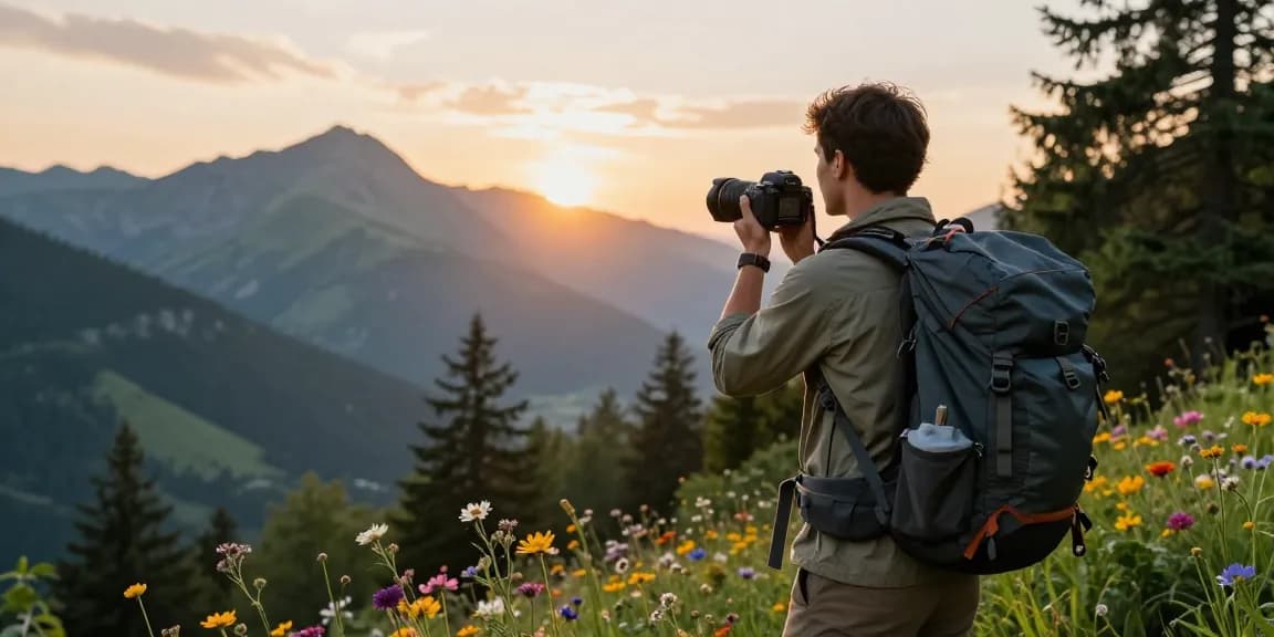 Traveler at sunset viewpoint with NAGA2000 gear, capturing breathtaking landscape