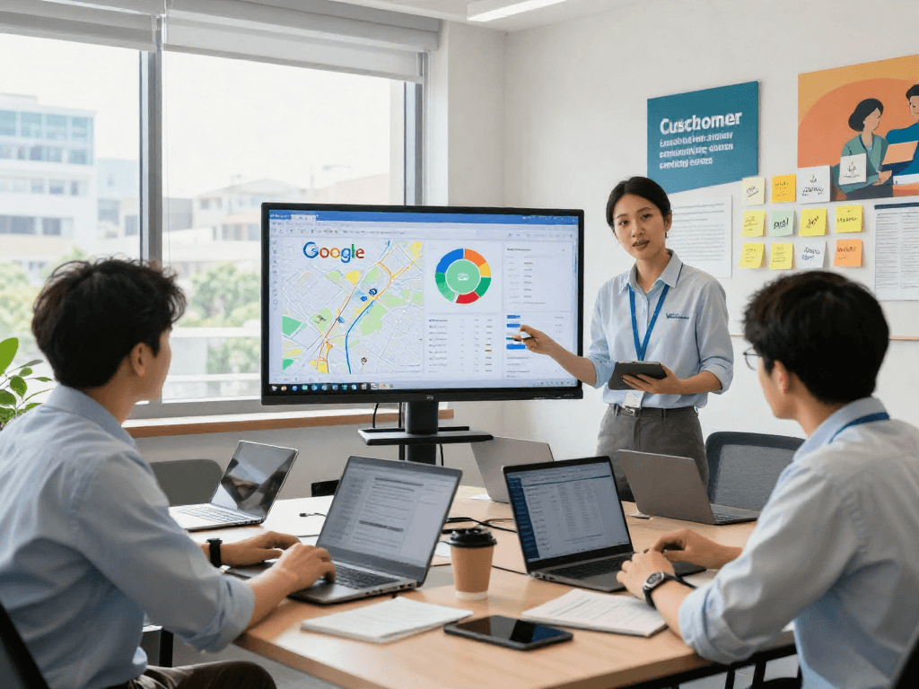 Operators collaborating on Google Maps SEO services in a modern office.