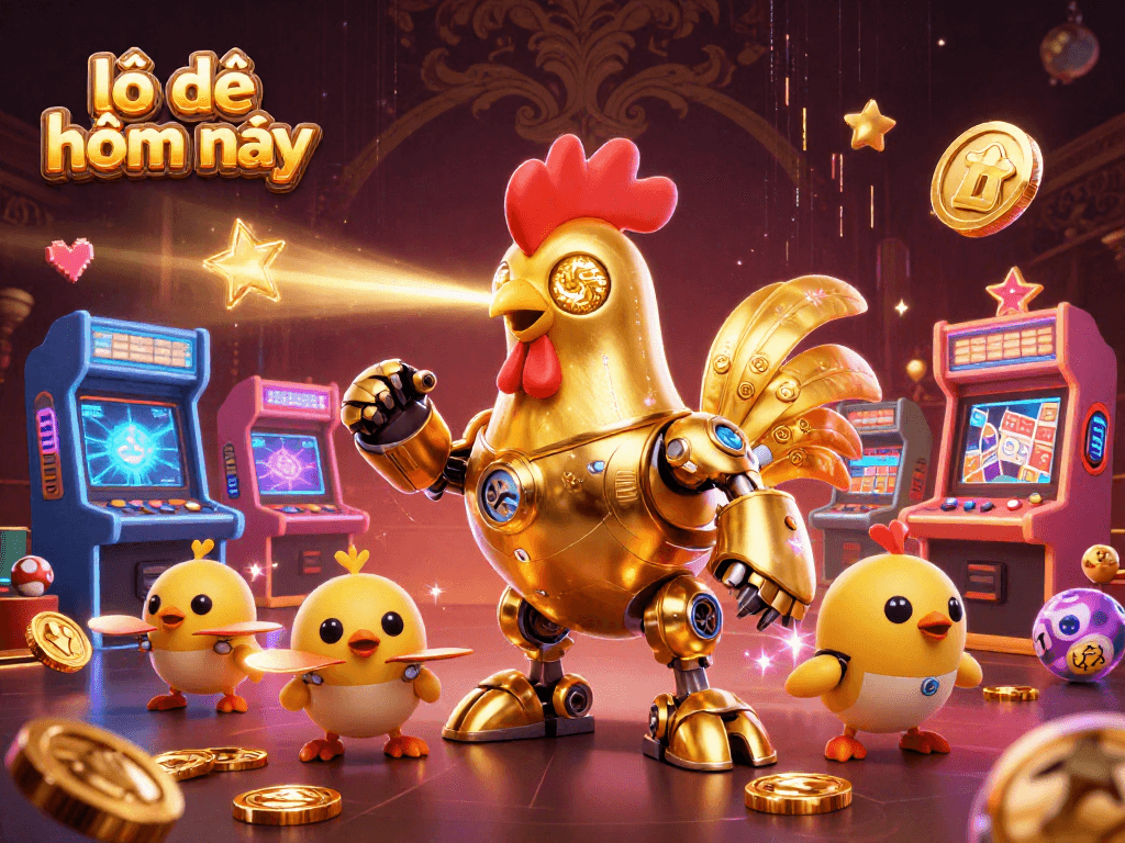 Engage in lô đề hôm nay with a thrilling illustration of a golden rooster robot and baby chick drones.