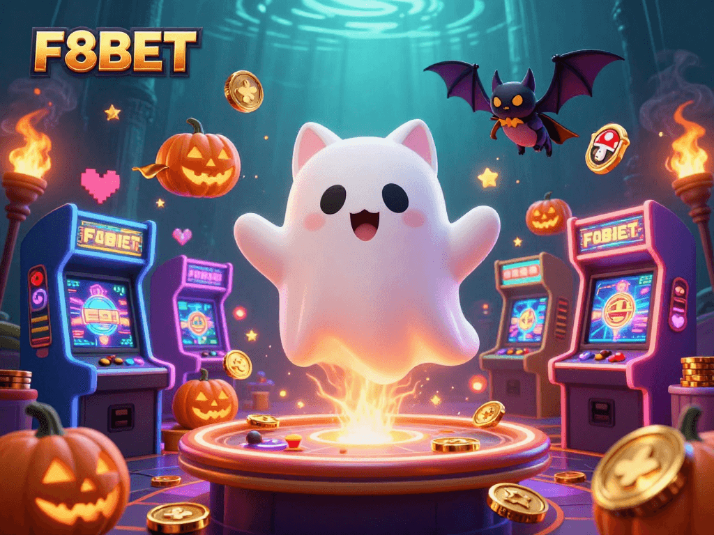 Engage in thrilling slots at F8BET as a ghost cat and bat explore a vibrant haunted casino.