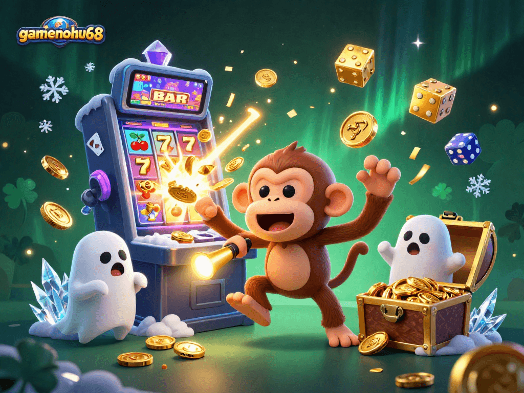 Experience the excitement of gamenohu68 with a lively 3D scene of a mischievous monkey juggling casino treasures.