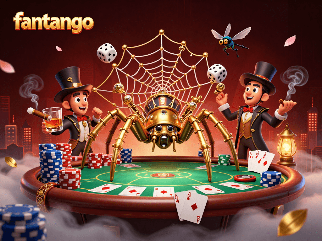 Engage with fantango as a steampunk spider catches dice in a vibrant casino scene.