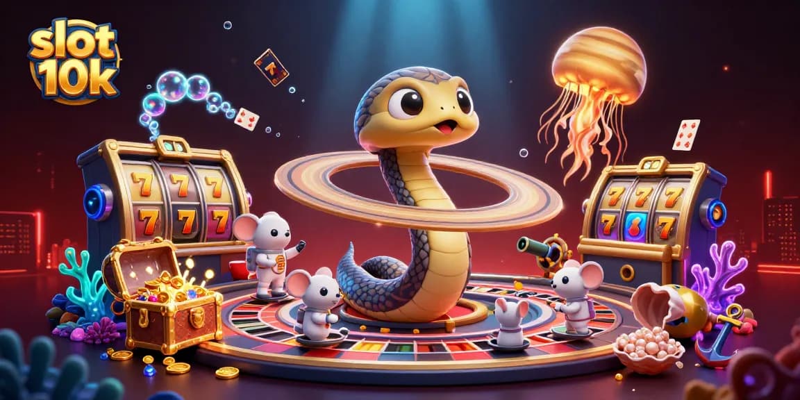 Bet on slot 10k with a fun cosmic gaming scene featuring astronaut mice, Saturn's rings, and glowing treasures.