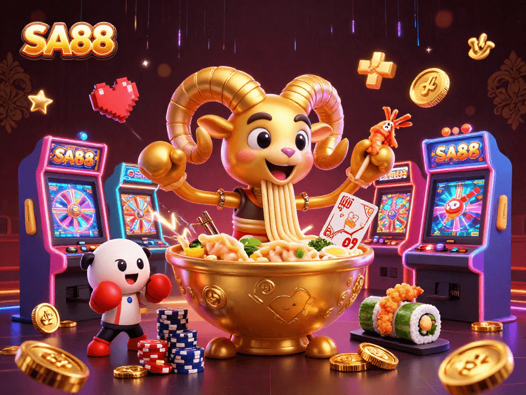 SA88 slots excite players with giant ramen bowl characters and vibrant casino elements.