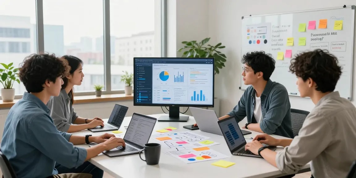 Collaborative workspace where a team builds internal tools with AI, showcasing technology and teamwork.