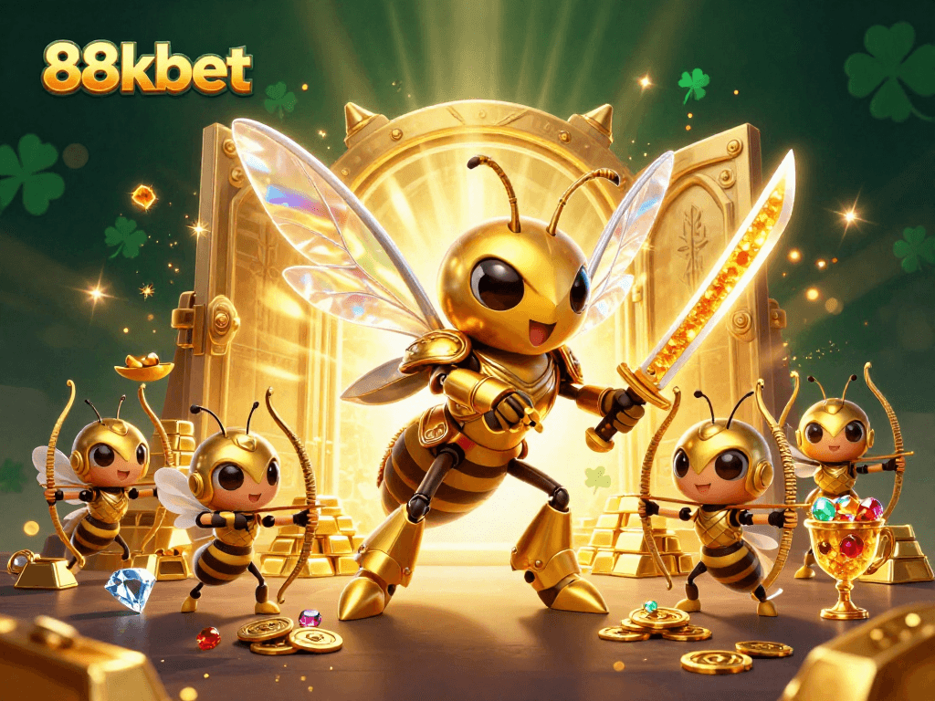 88kbet showcases a vibrant golden hornet and bee archers amidst a dazzling casino treasure scene.