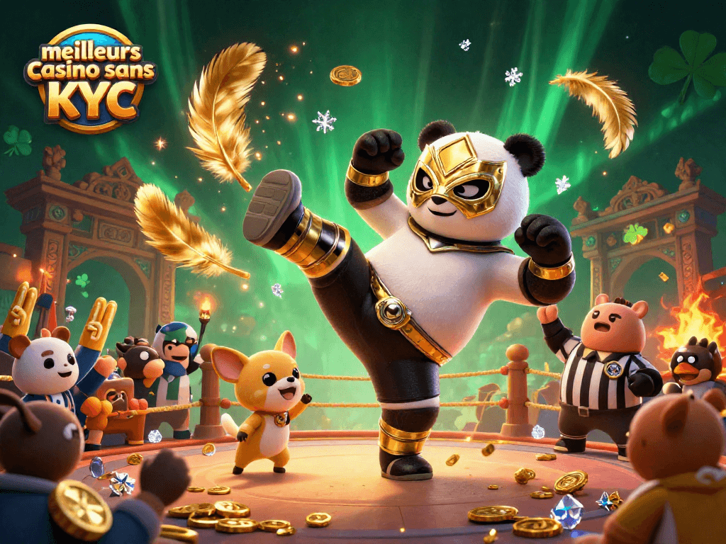 Les meilleurs casinos sans KYC offrent des gains rapides, illustrés par un panda lutteur dans une scène festive.