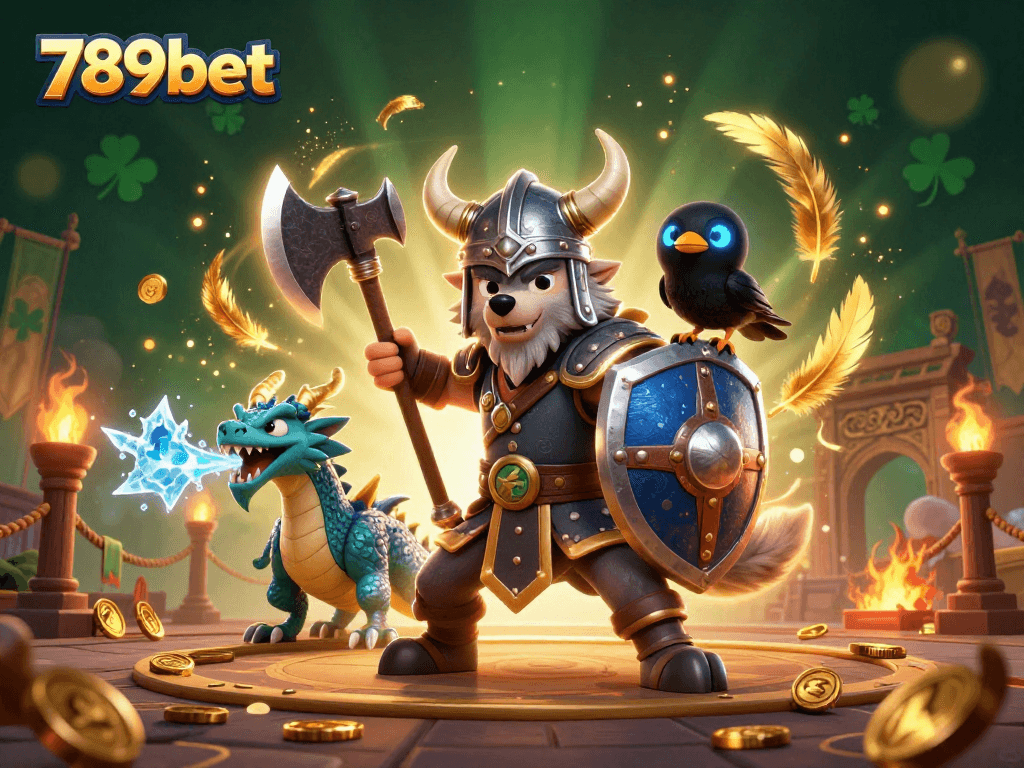 Experience thrilling action with 789bet's dynamic Viking warrior and fierce dragon illustration.