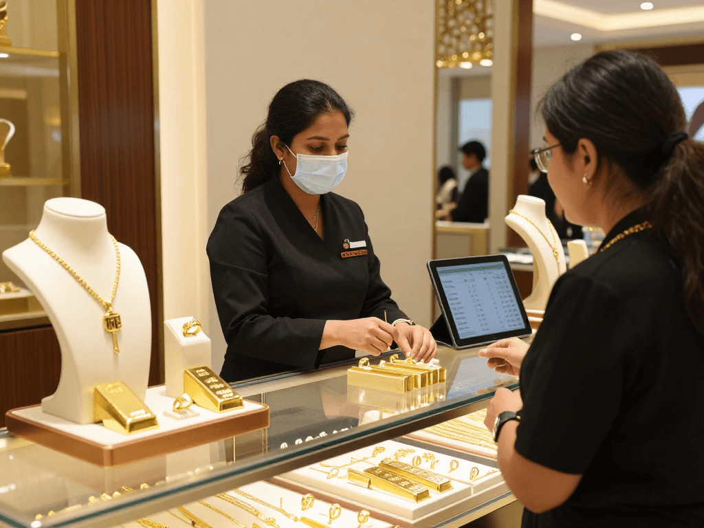 Mantra88 gold trading experience in Bahrain showcasing elegant jewelry and interactive customer service.