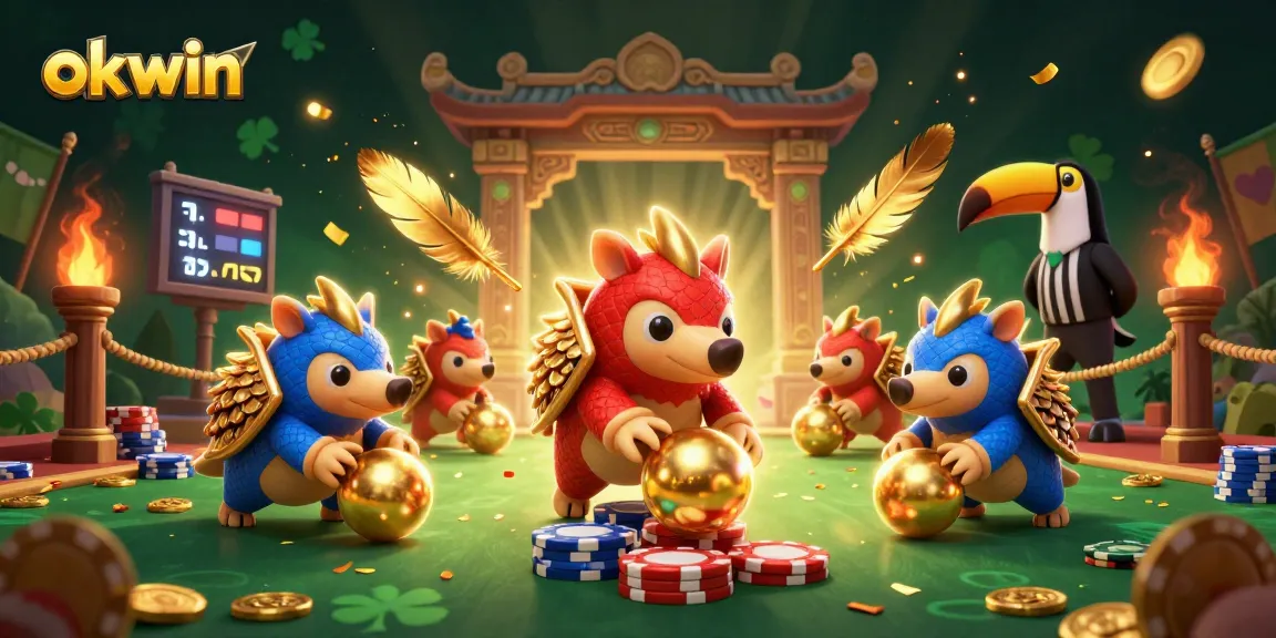 Engage with okwin's thrilling casino atmosphere as rival pangolins battle through poker chips.