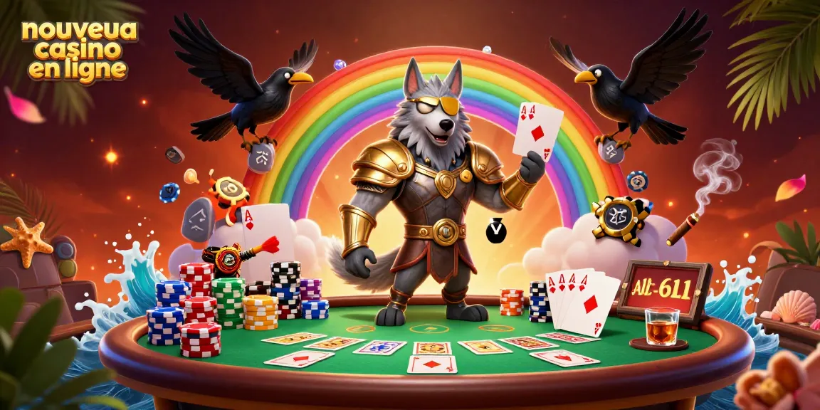 Une illustration dynamique représentant un nouveau casino en ligne avec des personnages mythologiques, des jetons et des cartes de poker.