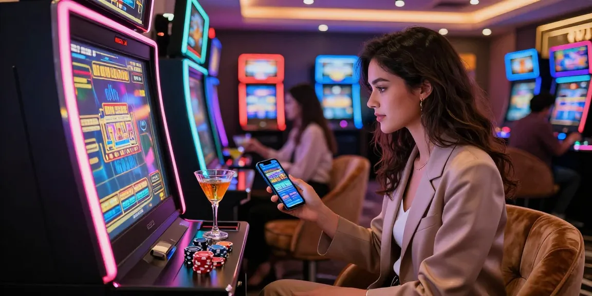 Woman engaging with a premium slot machine in an upscale gaming lounge, showcasing casino excitement.