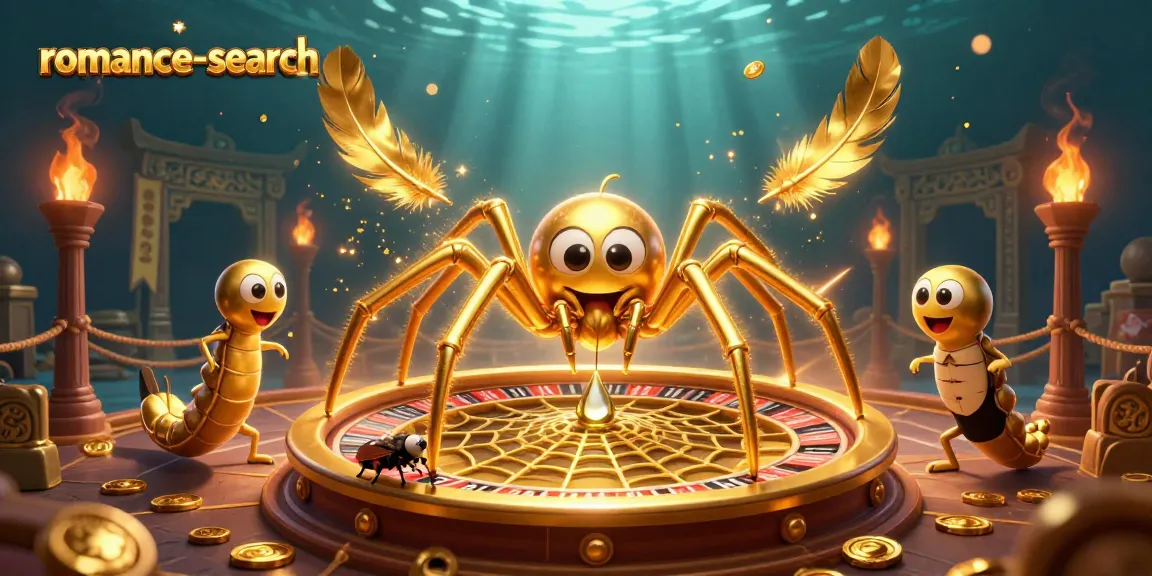Engage in thrilling bets with the romance-search golden spider and croupier in a dynamic casino scene.