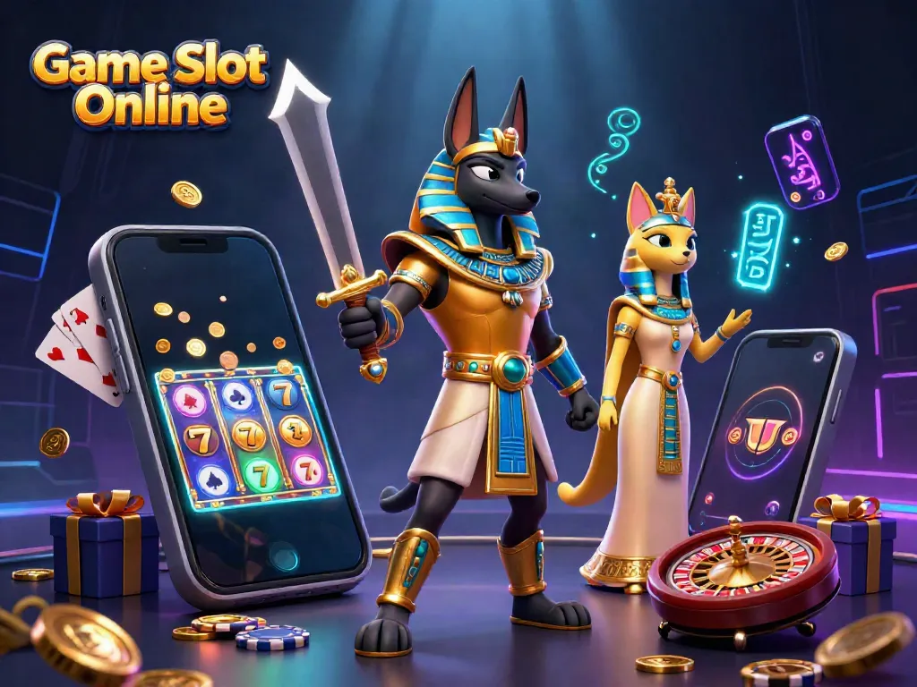Engage with Game Slot Online through vibrant 3D illustrations featuring Anubis, Bastet, and casino elements.